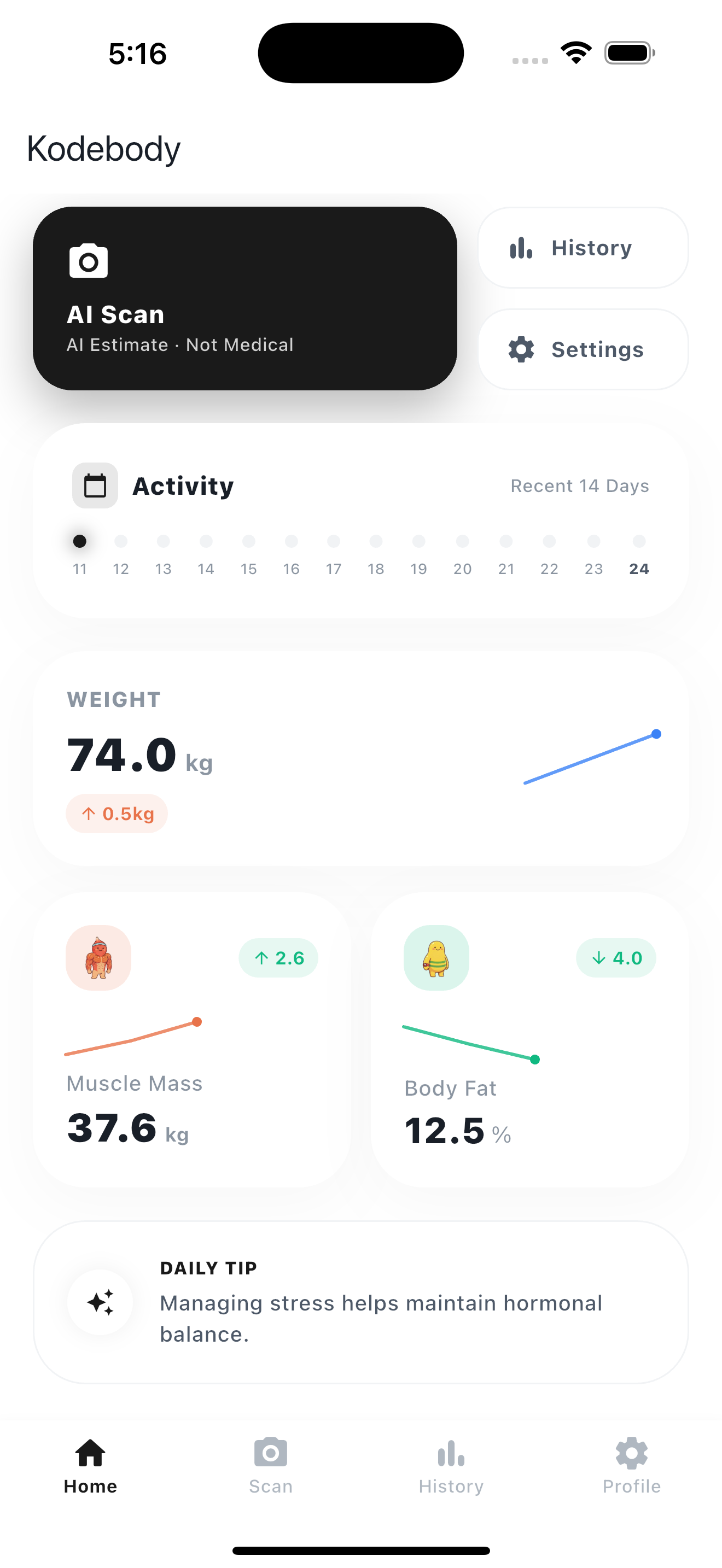 Kodebody dashboard for weekly trend review